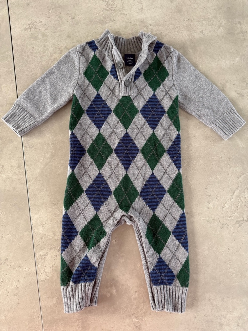 GAP Baby Grey, Navy & Green Argyle Sweater One-Piece